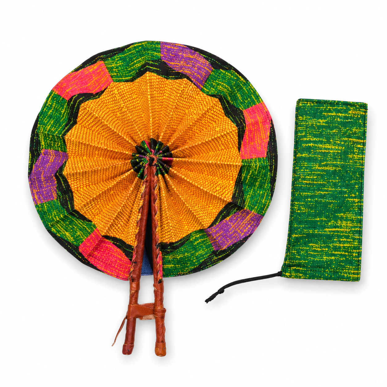 Éventail africain artisanal orange et multicolore