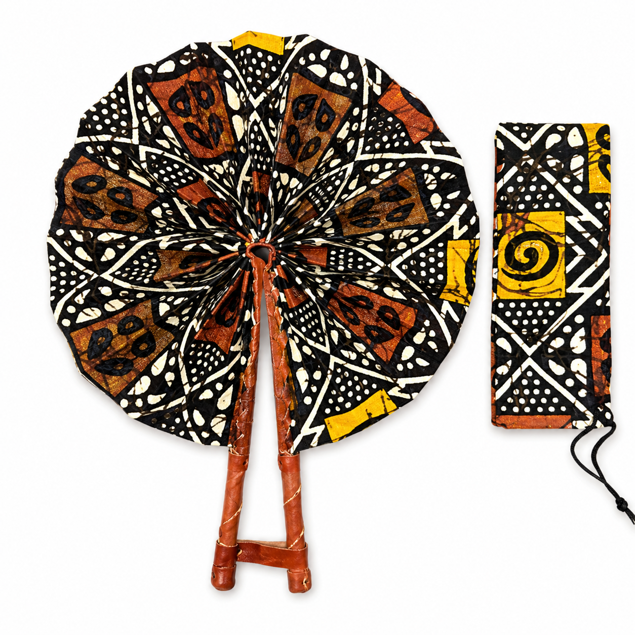 Éventail africain artisanal noir, brun et jaune