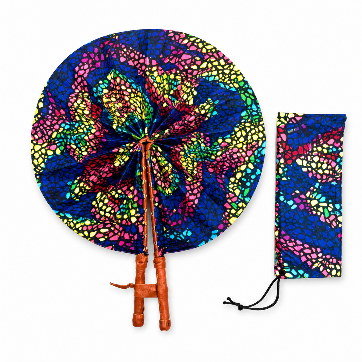 Éventail africain artisanal bleu multicolore